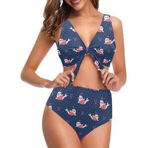 Cute sea lion seal christmas hat candy cane heart Chest Bowknot High Waisted Bikini Swimsuit
