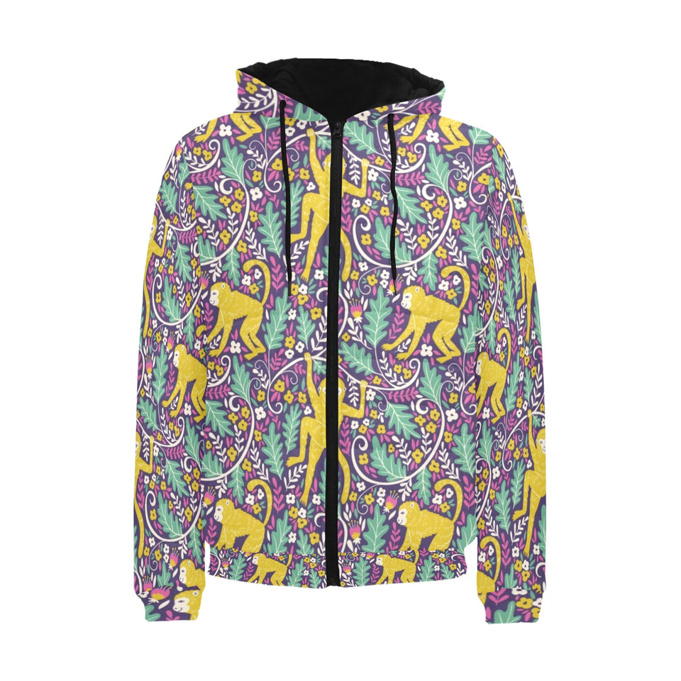 Cute yellow monkey leaves pattern Men's Padded Hooded Jacket