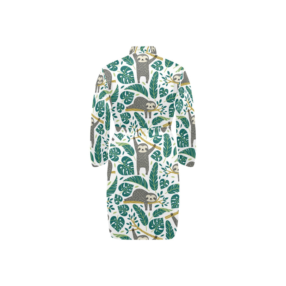 Cute sloths tropical palm leaves white background Men's Long Sleeve Belted Night Robe