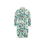 Cute sloths tropical palm leaves white background Men's Long Sleeve Belted Night Robe