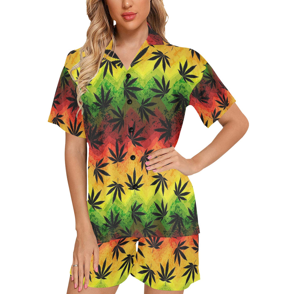 Canabis Marijuana Weed Pattern Print Design 03 Women's V-Neck Short Pajama Set