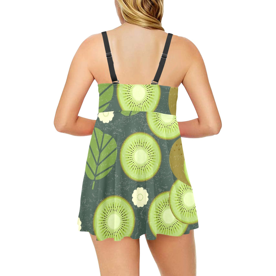 Whole sliced kiwi leave and flower Chest Sexy Pleated Two Piece Swim Dress