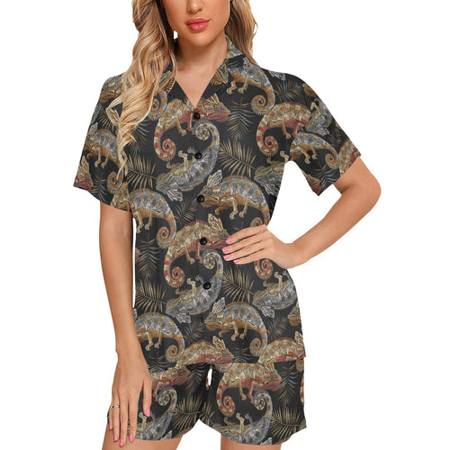 Chameleon lizard tropical leaves palm tree Women's V-Neck Short Pajama Set
