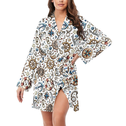 Cute nautical steering wheel anchor pattern Women's Long Sleeve Belted Night Robe