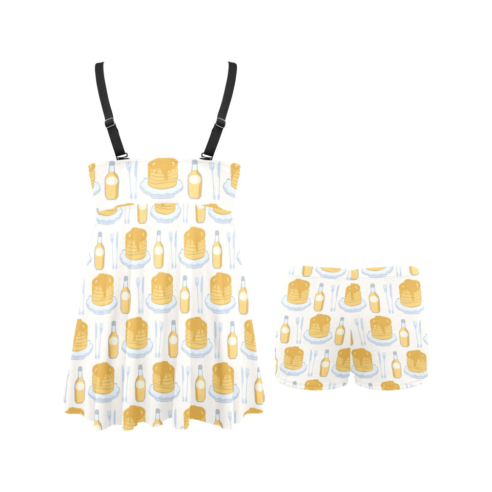 Pancake Pattern Print Design 05 Chest Sexy Pleated Two Piece Swim Dress