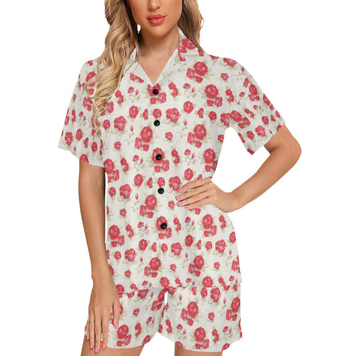 Rose Pattern Print Design 01 Women's V-Neck Short Pajama Set