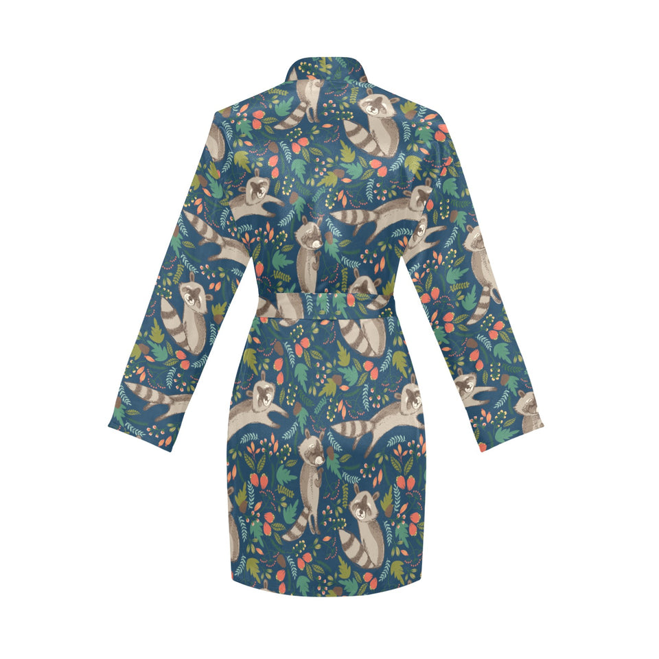 Raccoon tropical leaves pattern Women's Long Sleeve Belted Night Robe