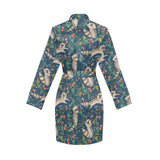 Raccoon tropical leaves pattern Women's Long Sleeve Belted Night Robe