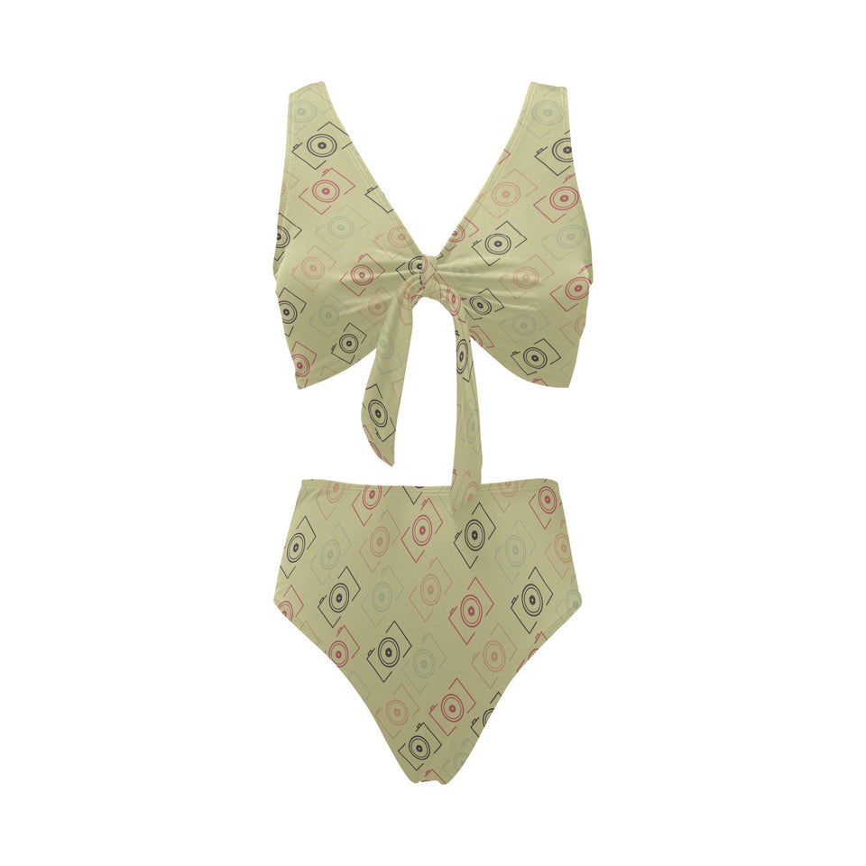 Camera Pattern Print Design 01 Chest Bowknot High Waisted Bikini Swimsuit