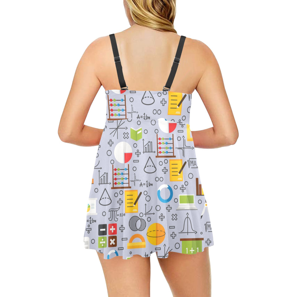 Math Pattern Print Design 04 Chest Sexy Pleated Two Piece Swim Dress