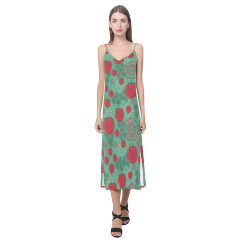 Tomato design pattern V-Neck Open Fork Long Dress