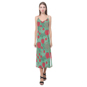 Tomato design pattern V-Neck Open Fork Long Dress