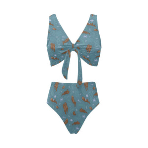 Sea otters pattern Chest Bowknot High Waisted Bikini Swimsuit