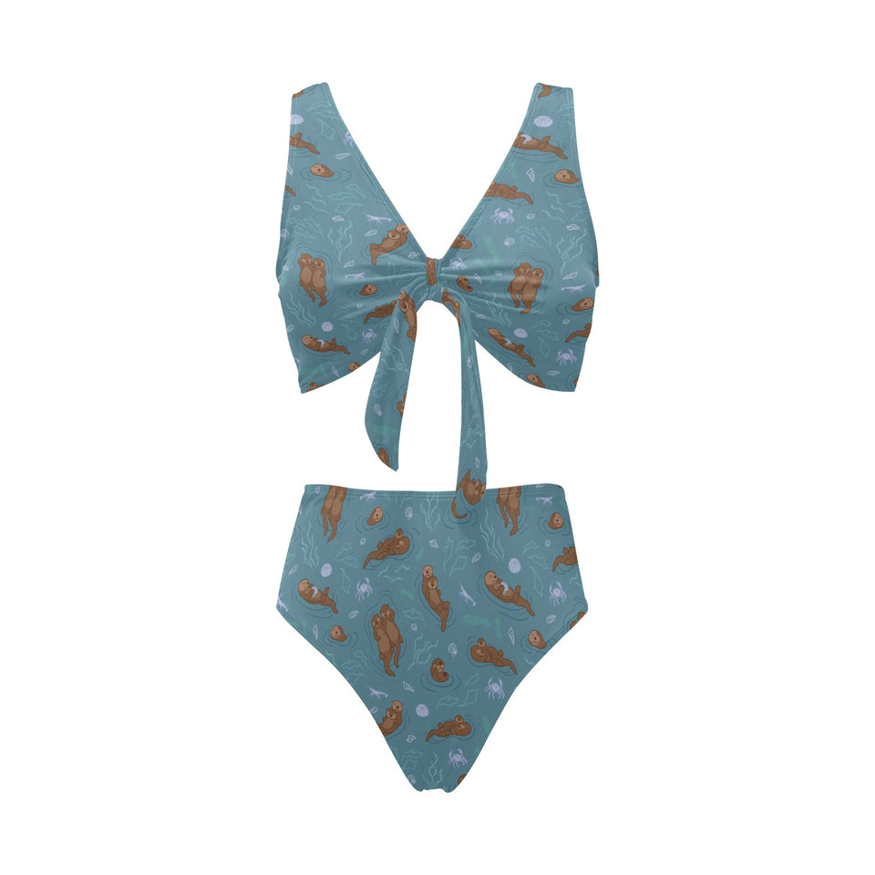 Sea otters pattern Chest Bowknot High Waisted Bikini Swimsuit