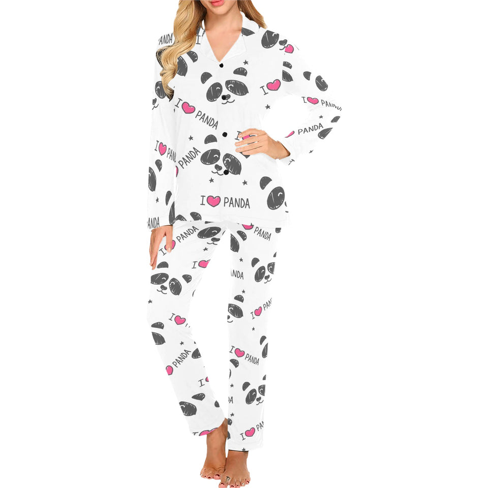 Hand Drawn faces of pandas pattern Women's Long Pajama Set