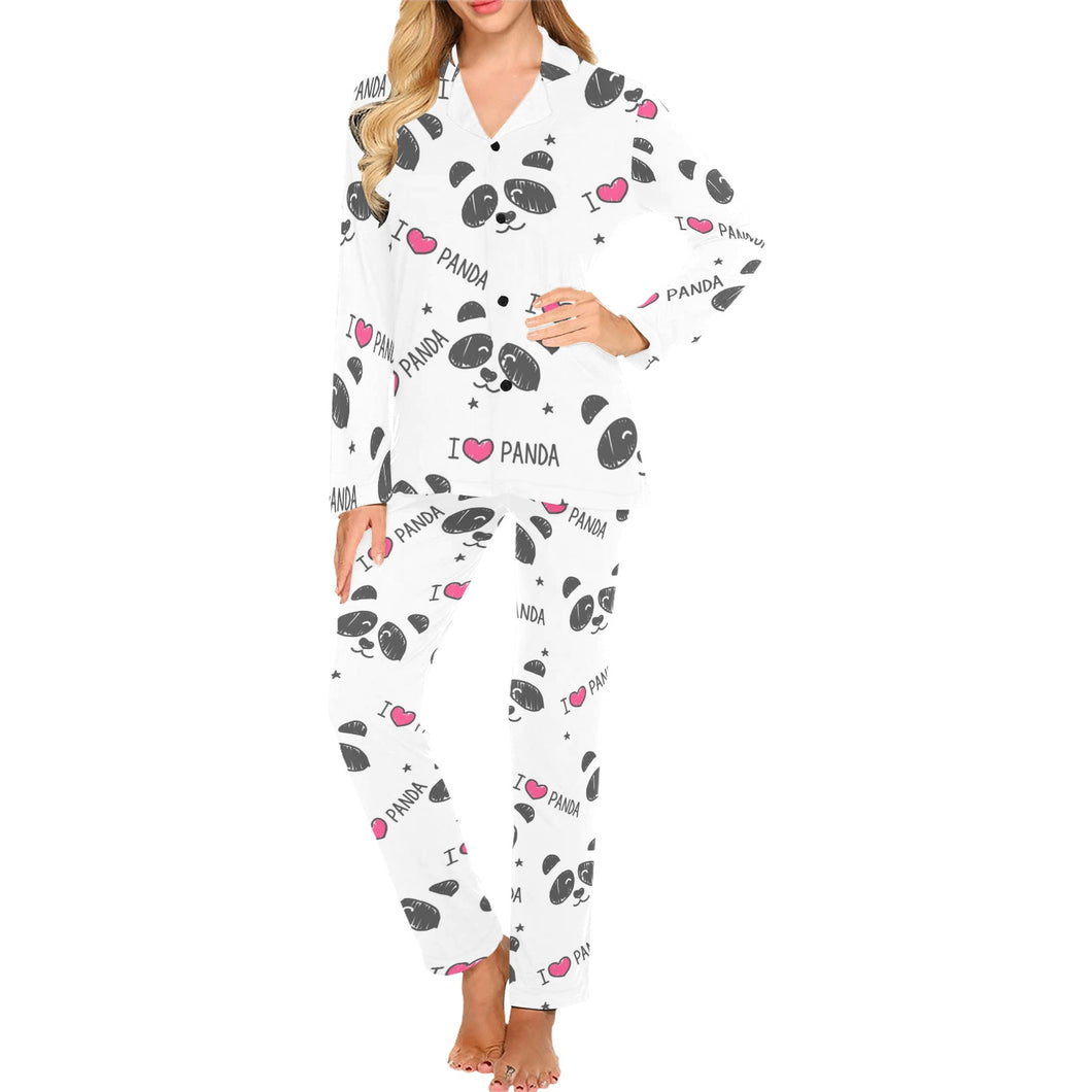 Hand Drawn faces of pandas pattern Women's Long Pajama Set