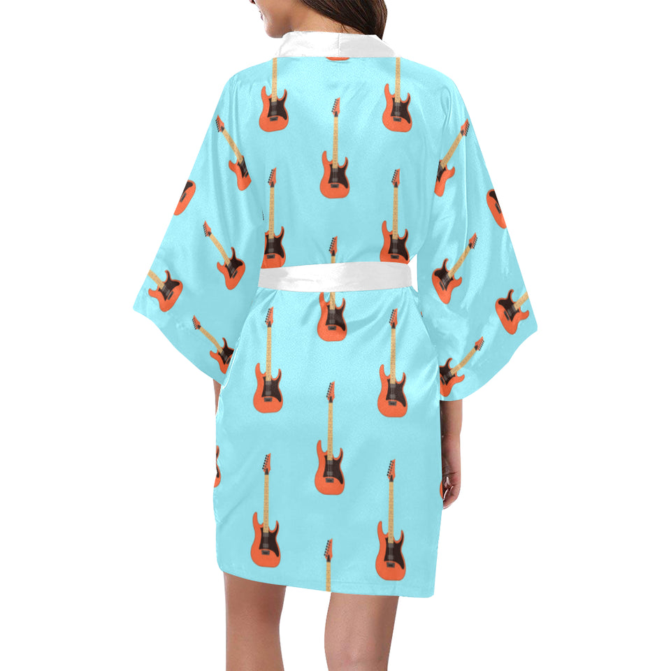 electric guitar pattern light blue background Women's Short Kimono Robe