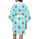 electric guitar pattern light blue background Women's Short Kimono Robe