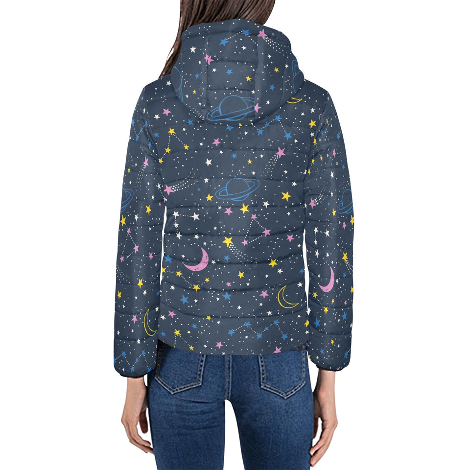 space pattern with planets, comets, constellations Women's Padded Hooded Jacket