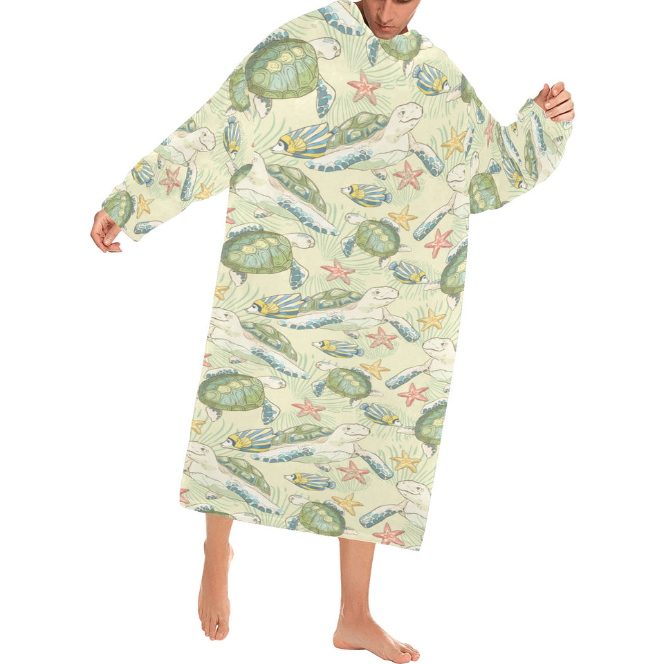 Hand drawn sea turtle fish pattern Blanket Robe with Sleeves