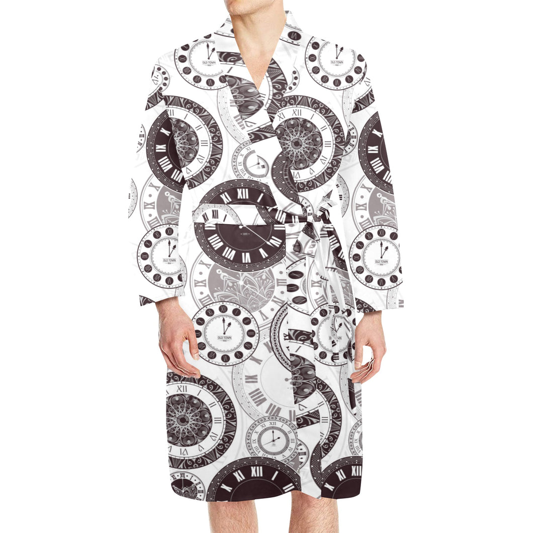 Classic vintage clock pattern Men's Long Sleeve Belted Night Robe
