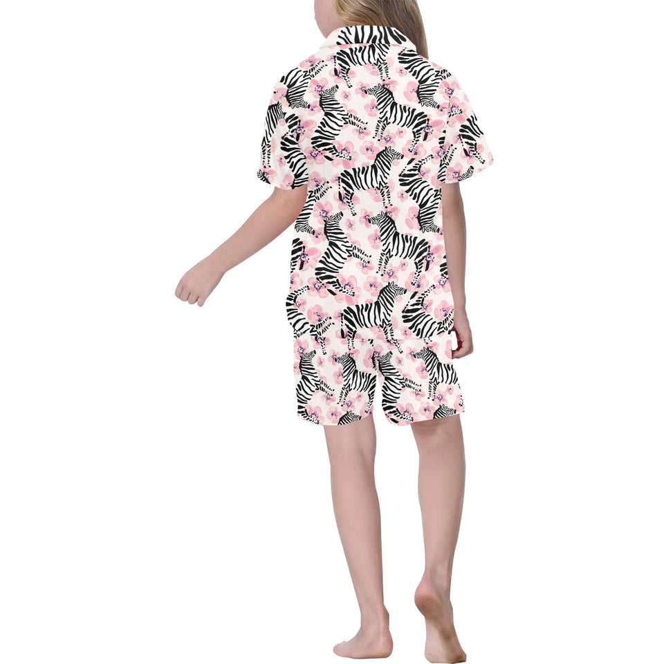 Zebra pink flower background Kids' Boys' Girls' V-Neck Short Pajama Set