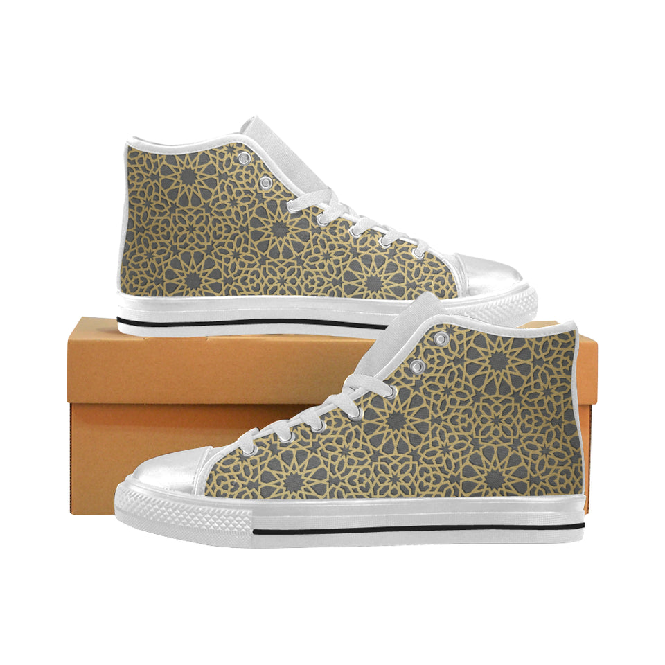 arabic star gold pattern Women's High Top Canvas Shoes White