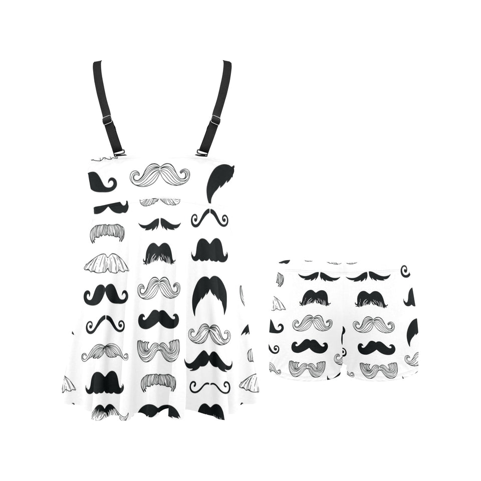 Mustache Beard Pattern Print Design 04 Chest Sexy Pleated Two Piece Swim Dress