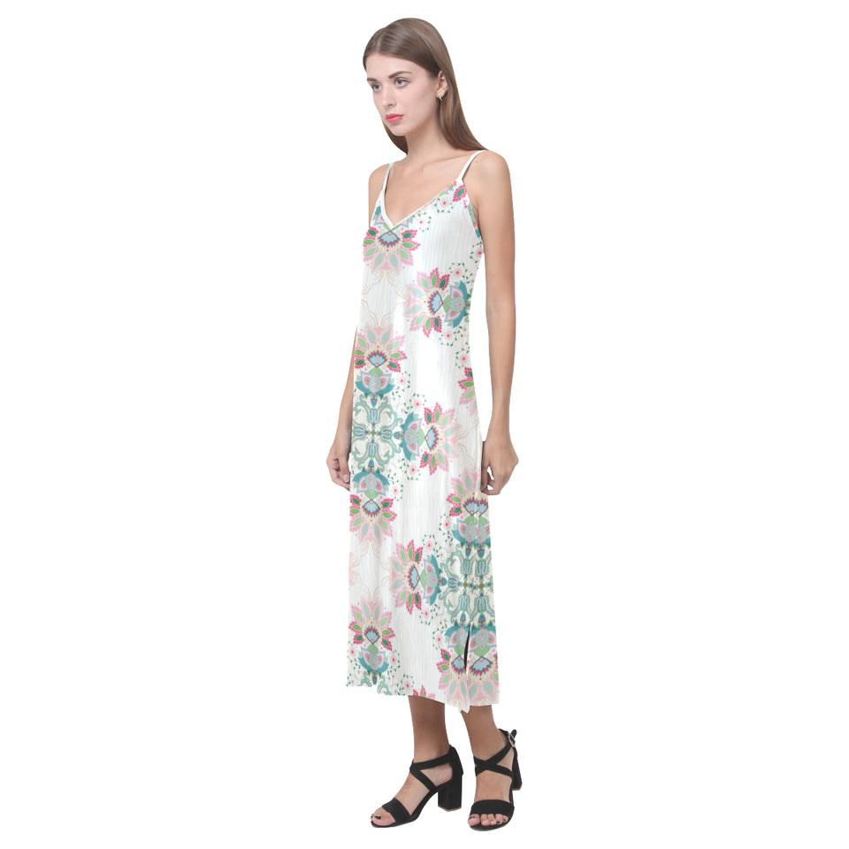 Square floral indian flower pattern V-Neck Open Fork Long Dress