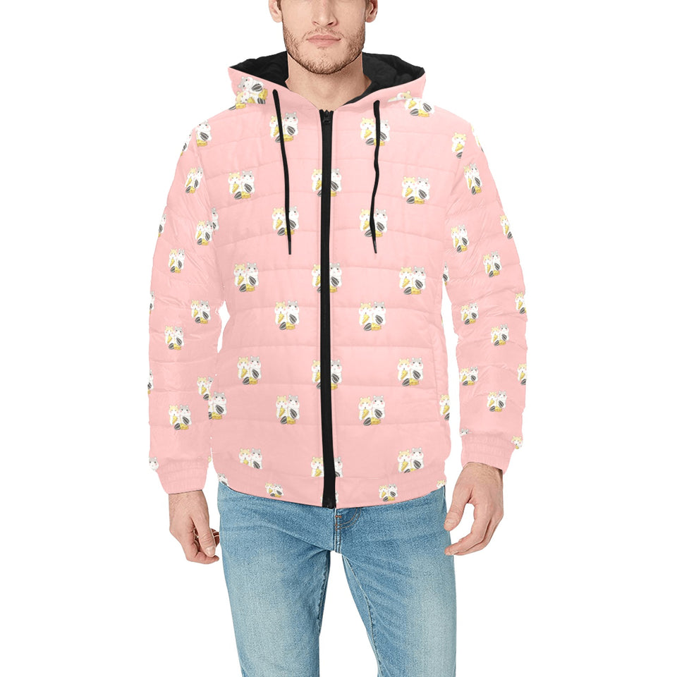 Cute hamster cheese pattern pink background Men's Padded Hooded Jacket