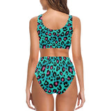 Green leopard skin print pattern Chest Bowknot High Waisted Bikini Swimsuit