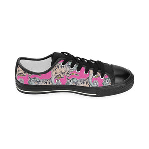 Chameleon lizard pattern pink background Kids' Boys' Girls' Low Top Canvas Shoes Black