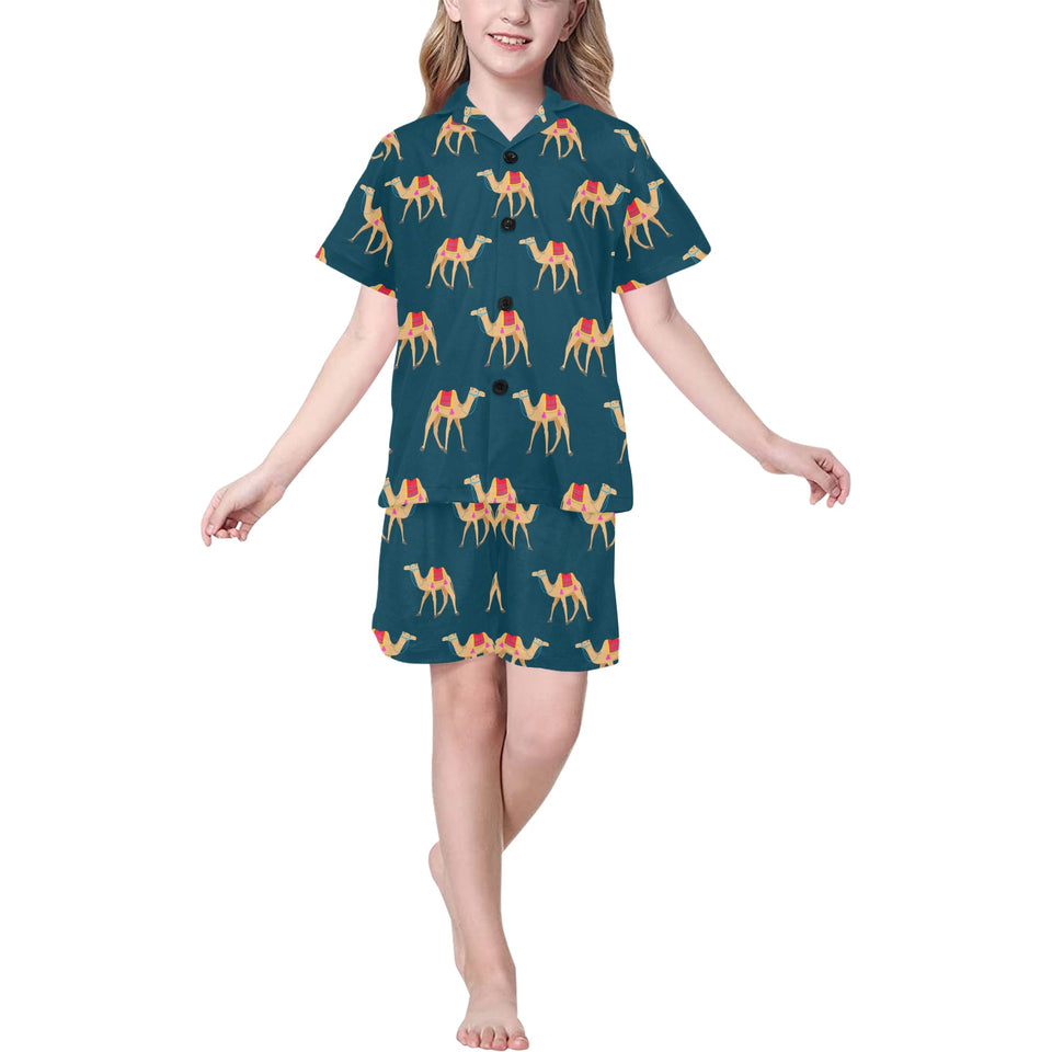 Camel pattern blue blackground Kids' Boys' Girls' V-Neck Short Pajama Set