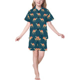 Camel pattern blue blackground Kids' Boys' Girls' V-Neck Short Pajama Set