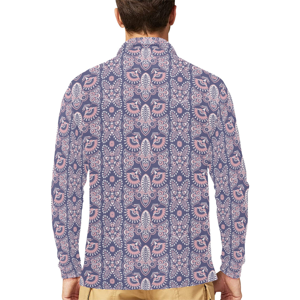 Indian Batik Style pattern Men's Long Sleeve Polo Shirt