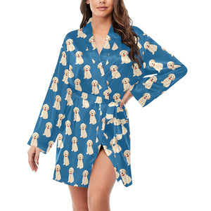 Golden Retriever Pattern Print Design 03 Women's Long Sleeve Belted Night Robe