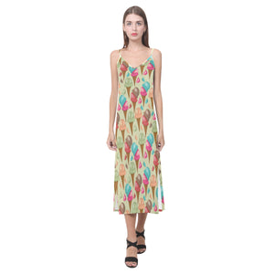Colorful ice cream pattern V-Neck Open Fork Long Dress