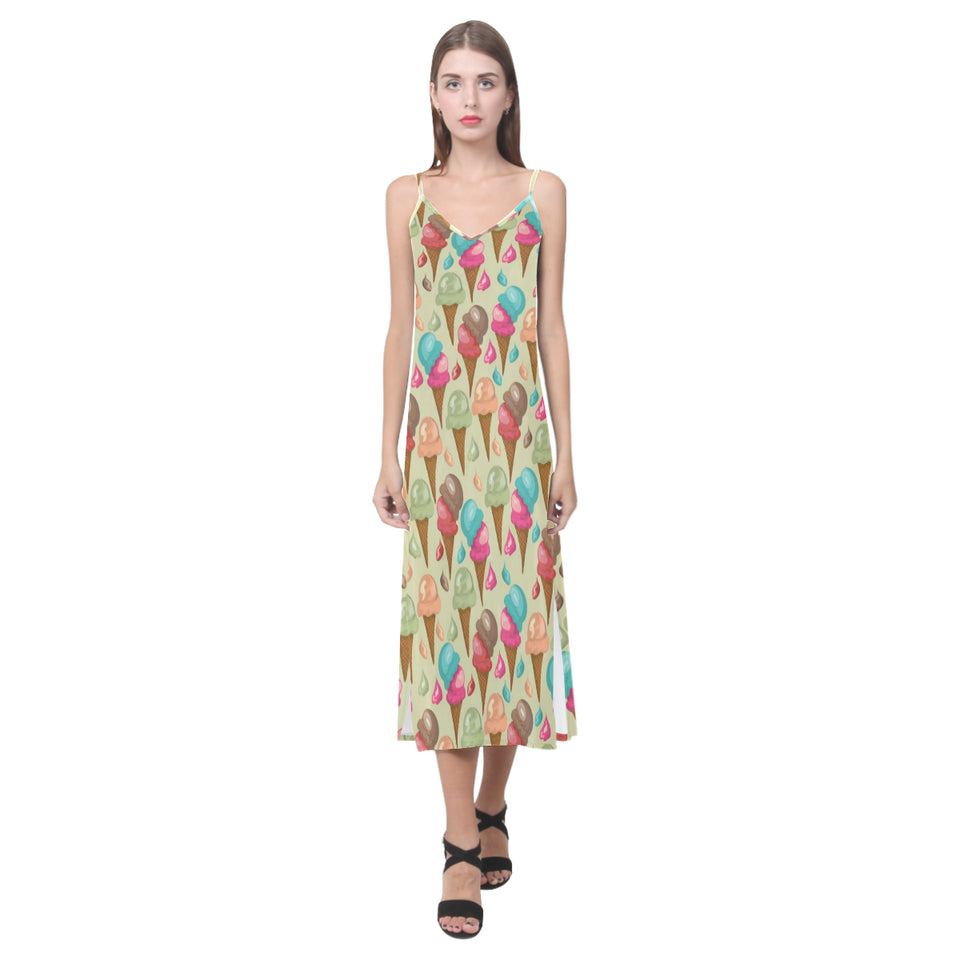 Colorful ice cream pattern V-Neck Open Fork Long Dress