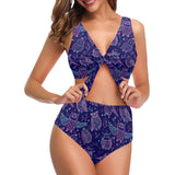Cute owls pattern boho style ornament Chest Bowknot High Waisted Bikini Swimsuit