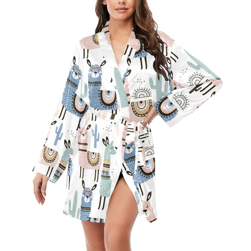 lama Alpaca cactus hand drawn pattern Women's Long Sleeve Belted Night Robe