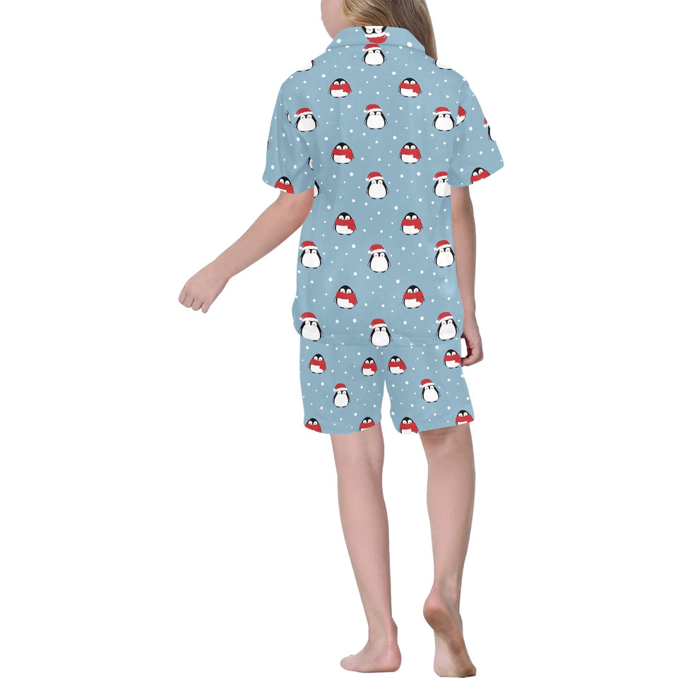 Cute penguin christmas snow pattern Kids' Boys' Girls' V-Neck Short Pajama Set