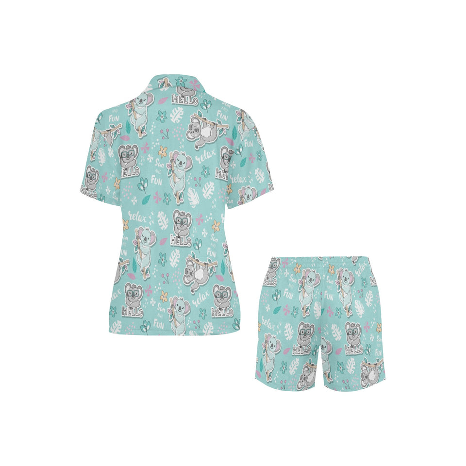 Cute koalas blue background pattern Women's V-Neck Short Pajama Set