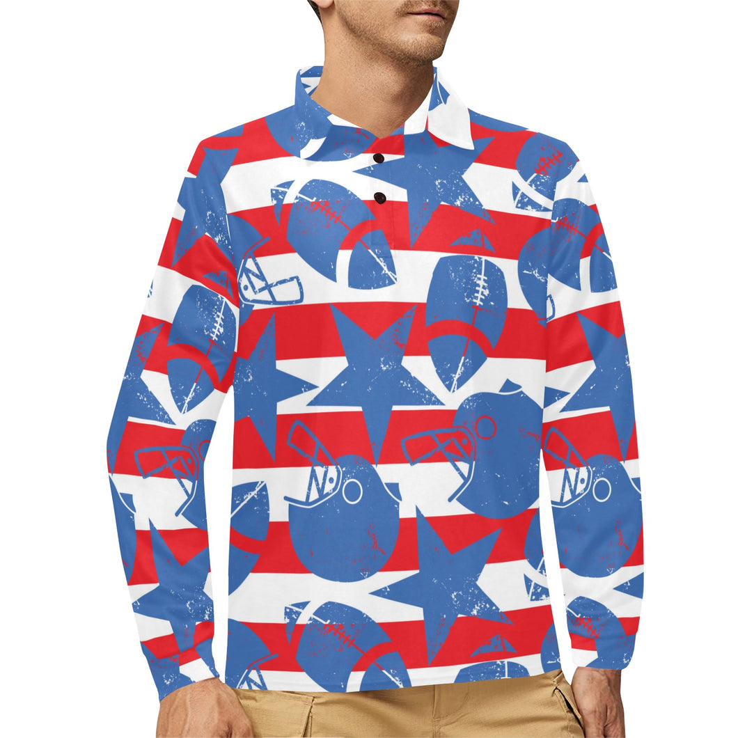 American football ball star stripes pattern Men's Long Sleeve Polo Shirt