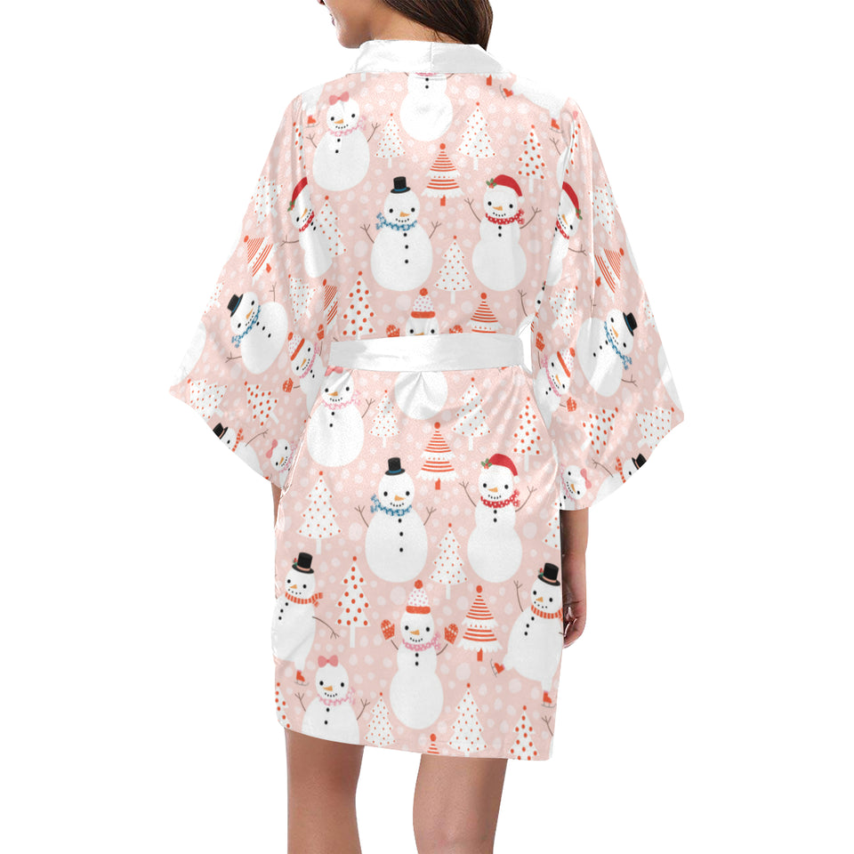 Cute snowman christmas tree snowpink background Women's Short Kimono Robe