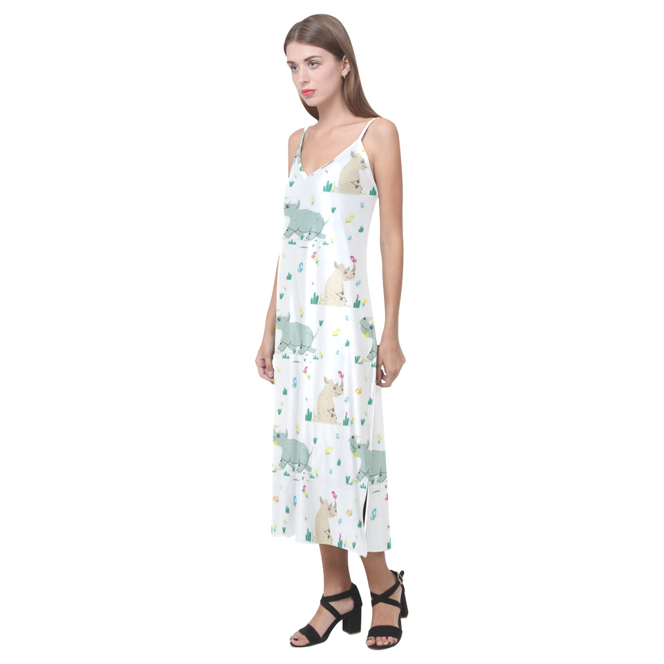 Cute Rhino pattern V-Neck Open Fork Long Dress