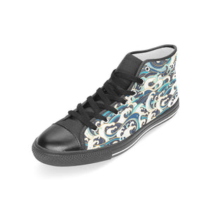 Japanese wave pattern Women's High Top Canvas Shoes Black