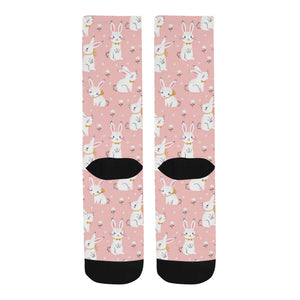 Cute white rabbit flower pink background Crew Socks