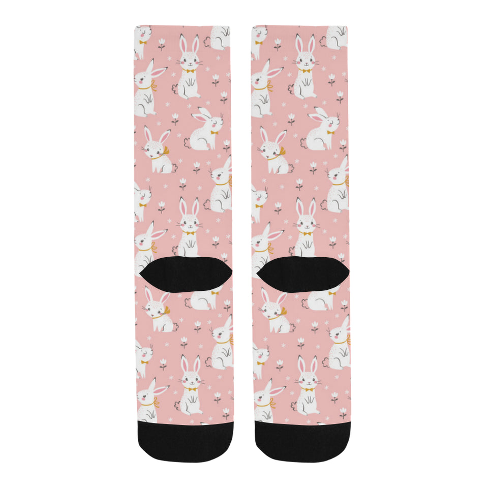 Cute white rabbit flower pink background Crew Socks