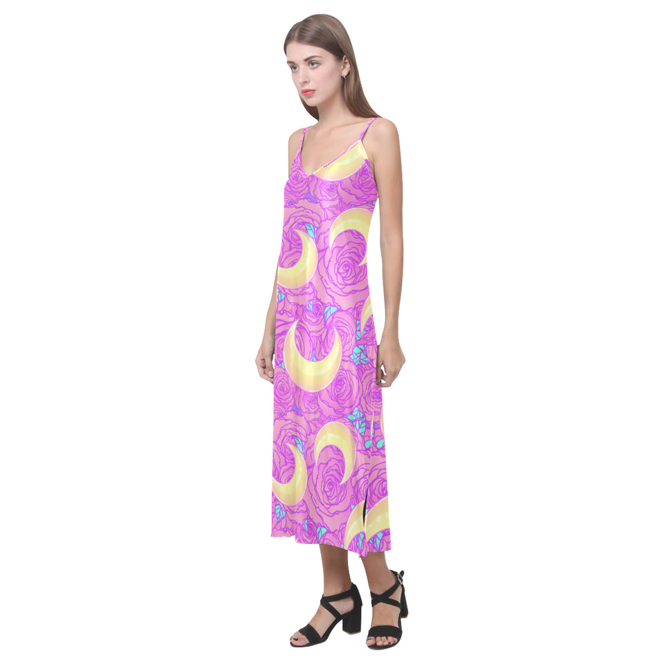 Moon pink rose background V-Neck Open Fork Long Dress