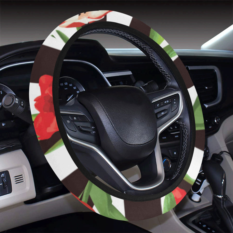 red and white tulips pattern Car Steering Wheel Cover